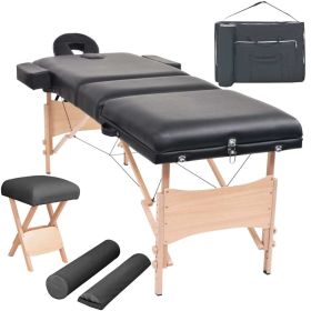 3-Zone Folding Massage Table and Stool Set 3.9" Thick Black